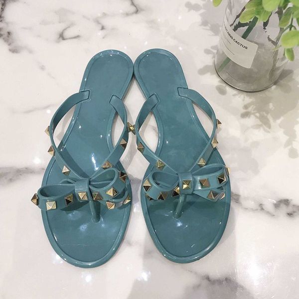 

new 2020 woman summer sandals rivets big bowknot flip flops beach sandalias femininas flat jelly designer sandals ing, Black