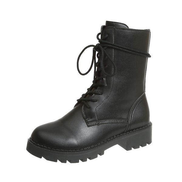 

2019 new black mid calf leather boots women boots lace up zipper winter plus size square low heels shoes woman