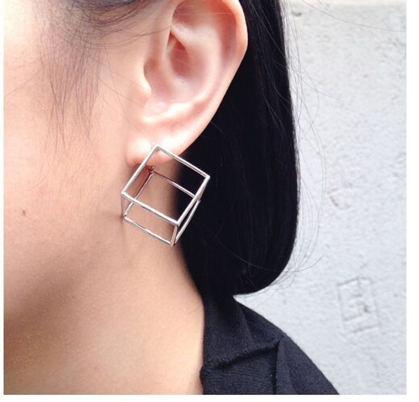 

2019 new minimalist brief style copper gold/silver/black filled 3d cube stud earrings for women chic girls earrings bijoux h0227, Golden;silver