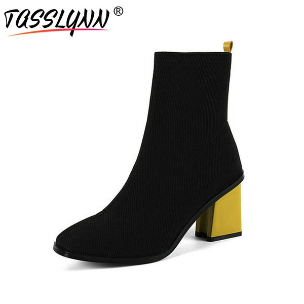

tasslynn 2018 women boots elegant pointed toe woman shoes knitting fashion square high heels winter mid-calf boots size 34-40, Black