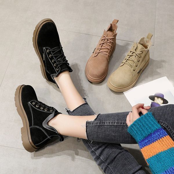 

autumn women genuine leather ankle boots nubuck lace up round toe platform ladies shoes sewing female botas new flats 2019, Black