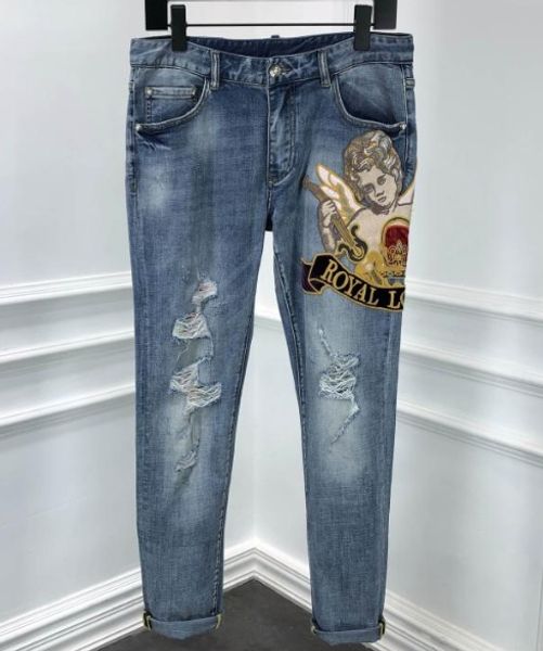 

new famous denim brand clothing royal crown embroidery print jeans long pant designer for men, Blue