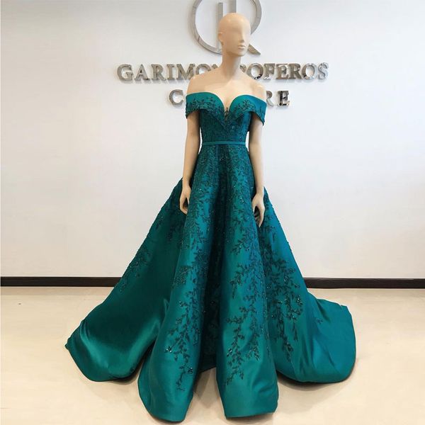 

hunter beaded backless prom dresses off the shoulder lace appliqued evening gowns a line plus size sweep train satin formal dress, Black