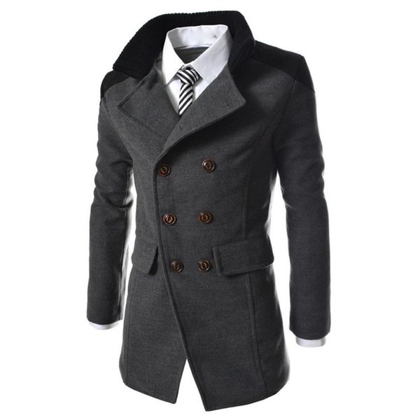 

men jacket warm winter trench long outwear button smart overcoat, Tan;black