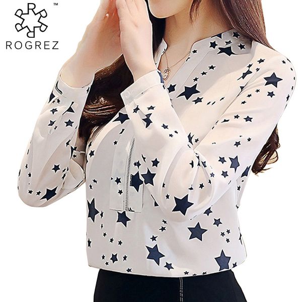 

rogrez elegant high street star pattern women chiffon shirt long sleeve zipper v neck summer blouse lady, White