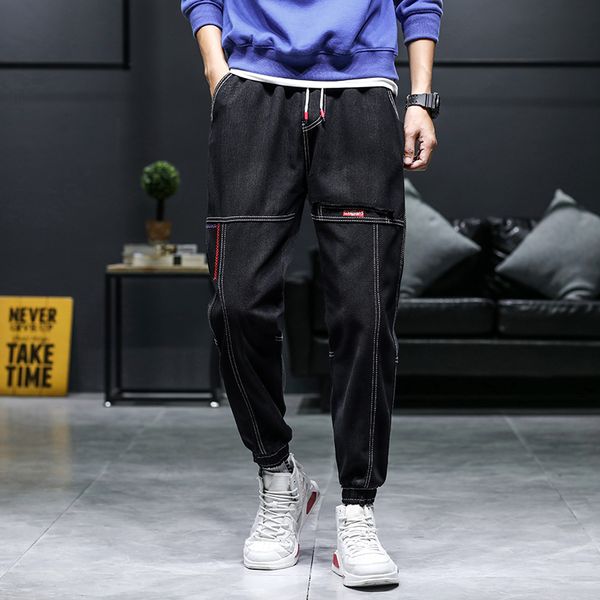 

streetwear black jeans hip hop 2020 new binding feet jeans for men men's pocket sports pants ninth pants, Blue
