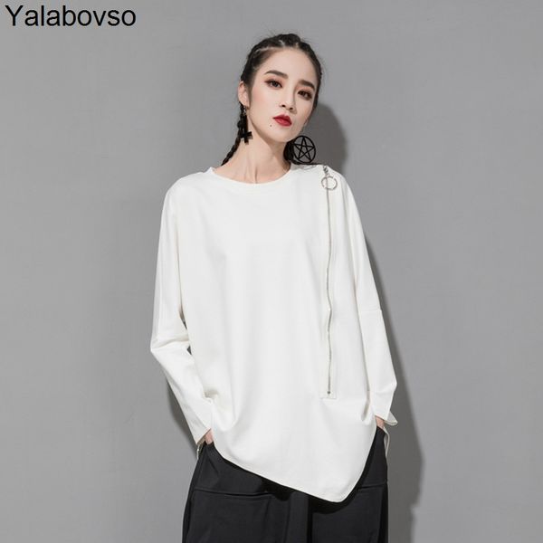 

hip hop loose size casual shirts o neck t shirts loose patchwork tees zipper cotton t shirt for woman fashion shirt a67z3, White