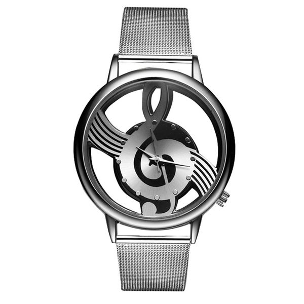 

woman quartz watches analog pierced hollow musical note style stainless steel mesh strap wristwatch fashion feminine gift casual girl watch, Slivery;brown