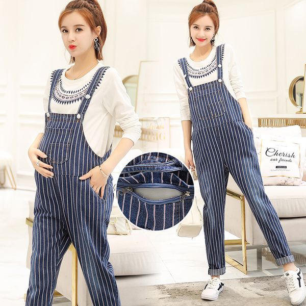 

vertical stripes maternity suspender trousers for pregnant women cotton maternity pants adjustable pregnancy overalls clothes, White