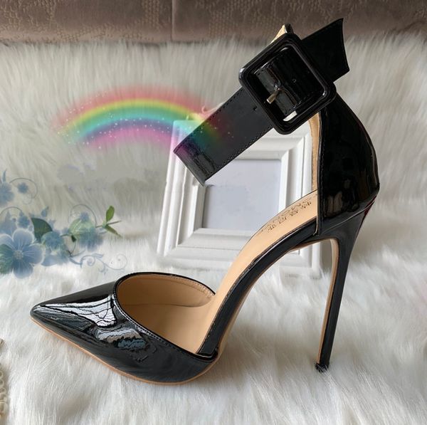 

casual designer lady fashion black patent leather wrap ankle point toe high heel pump thin heels stiletto party shoes 12cm 10cm 8cm