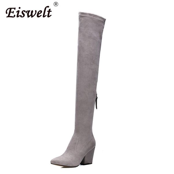 

eiswelt women winter over the knee boots high heels female quality sheepskin zip solid color thigh high boots platform#zqs162, Black