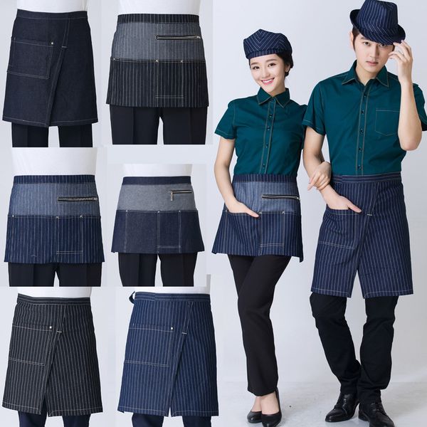 

universal denim half bust bib apron restaurant kitchen coffee shop waitress uniforms waist short apron with pockets