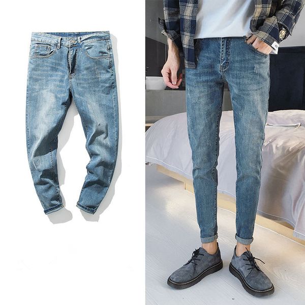 

jeans men's and korean version of the nine-piece trousers boys stretch body trim trousers fashion catchy pants boys, Blue