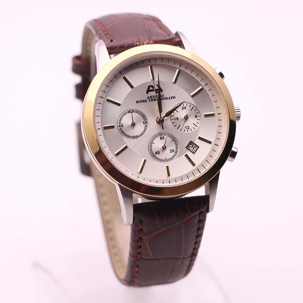 

economical aehibo brand mens watches 43mm gold case wristwatches quartz satch watch with durable leather strap and pin buckle, Slivery;brown