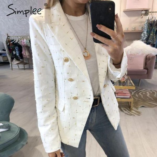

simplee chic white plaid women blazer autumn double breasted office ladies lattice suit outerwear casual work female blazer coat, White;black