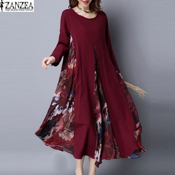 

2019 zanzea womens vintage floral print long sleeve long dress spring patchwork cotton linen maxi vestido robe sundress, Black;gray
