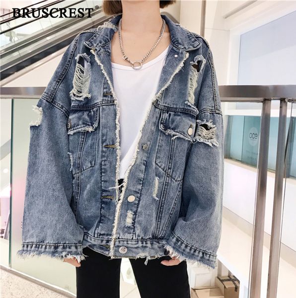 

2019 blue spring autumn coats female long denim jacket long sleeve ripped hole vintage streetwear pocket plus size woman clothes, Black;brown