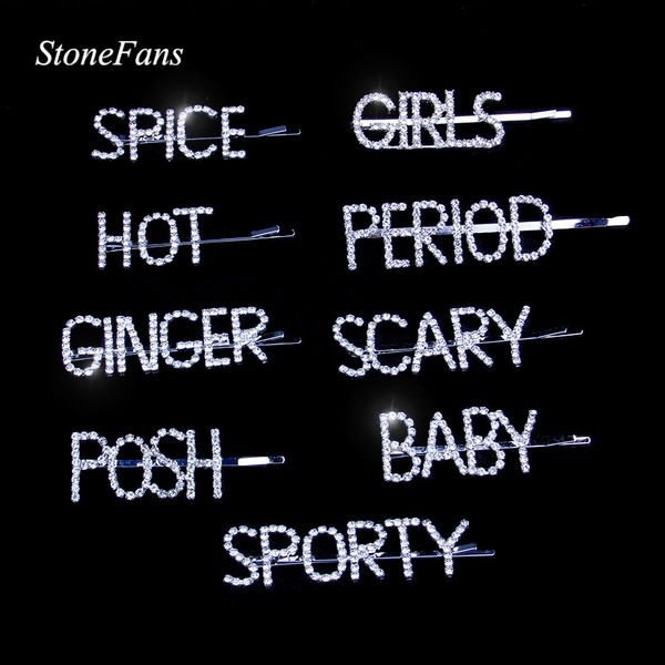 

stonefans spice girls pin волос ювелирные изделия для женщин posh ребенок sporty bling rhinestone письмо заколками для волос фестиваль ювели, Golden;white