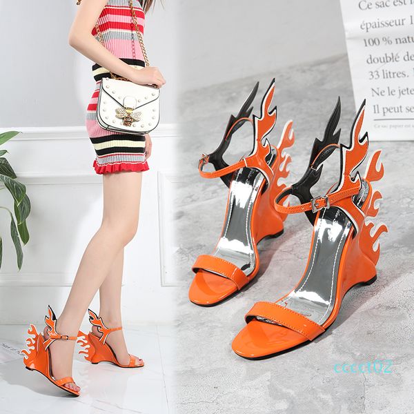 

summer shoe woman high fashion lady sandal ankle strap wedge high heel sandal platform sandals wedge with flame patent leather shoe 2ct, Black