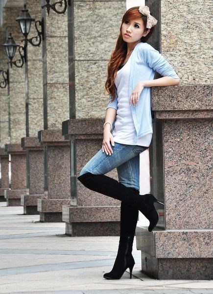 

big size women's spring/autumn winter folding over knee boots thin high heel boots fashion pointed toe women shoes858, Black
