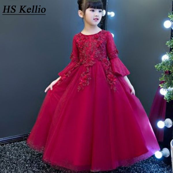 

hs kellio flower girls gown for autumn wedding long sleeve aline princess flower girl dresses for party, Red;yellow