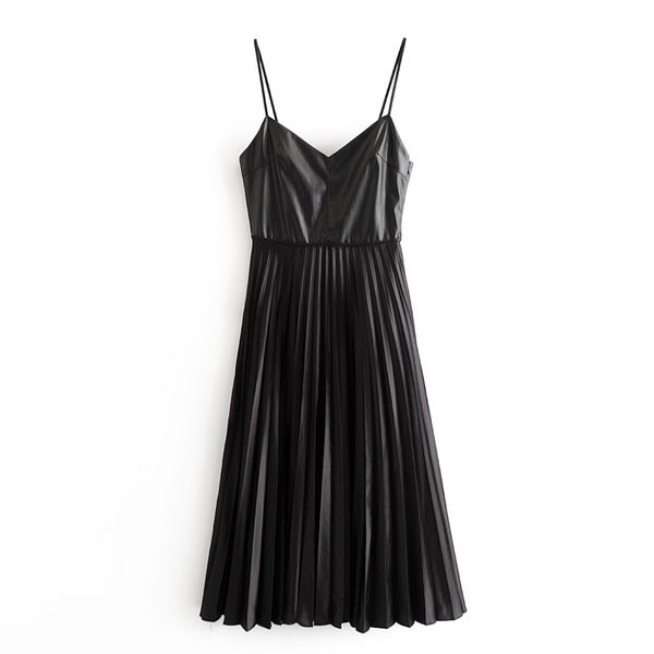

мода искусственная кожа pu лоскутное платье женщины сексуальная спинки рукавов плиссированные платья черный повседневные длинные платья vest, Black;gray