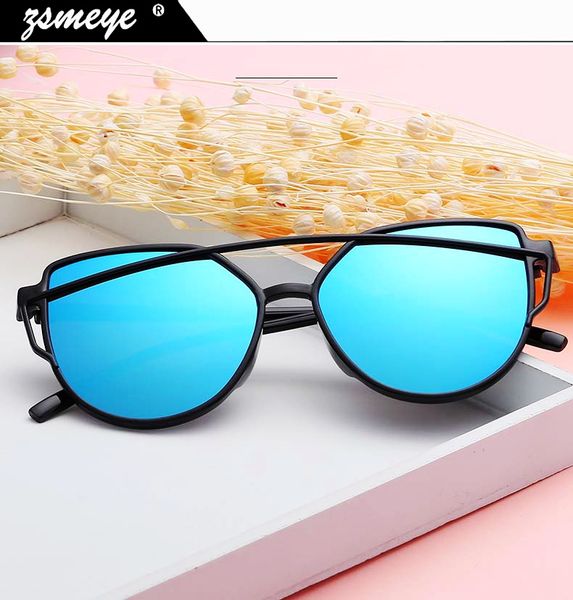 

zsmeye cat eye vintage brand designer rose gold mirror sunglasses for women metal reflective flat lens sun glasses female oculos, White;black
