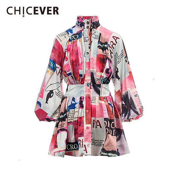 

chicever vintage print hit color dresses for female turtleneck lantern long sleeve high waist mini women's dress clothes new, Black;gray