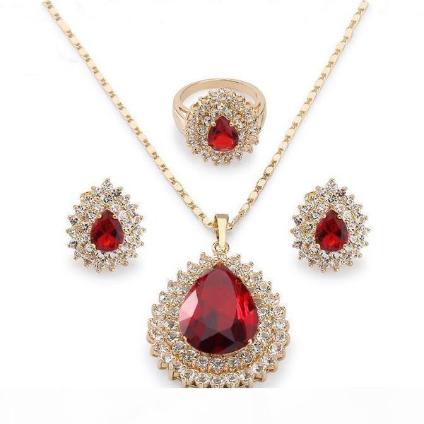 

design fashion crystal jewelry sets garnet heart pendants ring earring 18k yellow gold plated s111 fine wedding jewelry, Silver