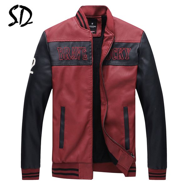 

bomber jacket men baseball jacket embroidered leather pu coats slim fit fleece luxury pilot jackets men's stand collar coat, Black;brown