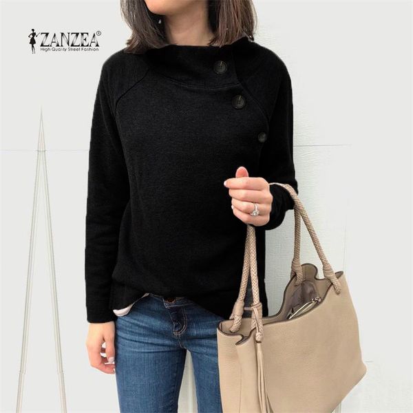 

2019 zanzea women casual high collar sweatshirt buttons pullovers hoodies autumn long sleeve sudadera mujer plus size pull, Black