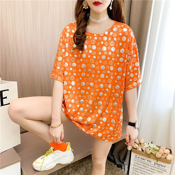 

2020 cotton loose gilded smiling face large size women's mid-length t-shirt short-sleeved t-shirt women, White