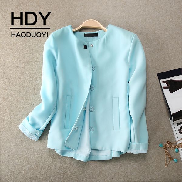 

hdy haoduoyi spring solid color candy blue cool style temperament girls simple casual thin thin buckle short round neck jacket, Black;brown