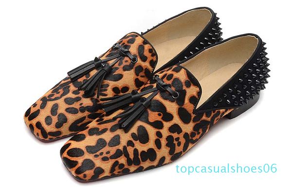 

mens designer shoes red bottom loafers luxury party wedding shoe leopard print with tassels spikes brand dress shoes for men 06tt, Black