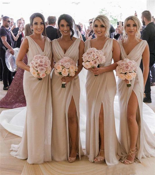 

2019 mermaid chiffon bridesmaid dress long floor length maid of honor dress side split v-neck formal dress, White;pink