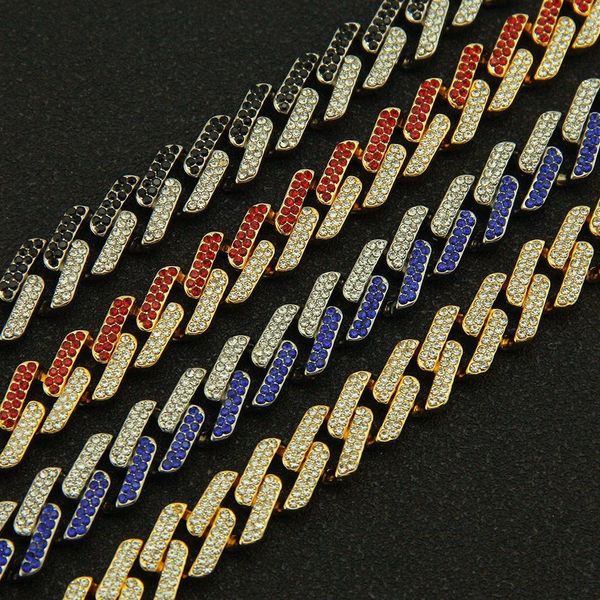 

fashion- red blue black colorful diamond mens cuban link chain bracelets rapper hip hop chains bracelet wristband jewelry gifts for guys