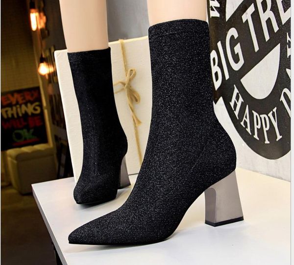 

short tube female boots with thick high heel pointed sequin cloth, Black