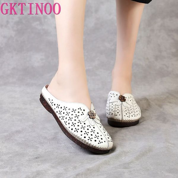 

sandals gktinoo genuine leather flat shoes women slippers closed toe summer cut-out handmade flower slides, Black