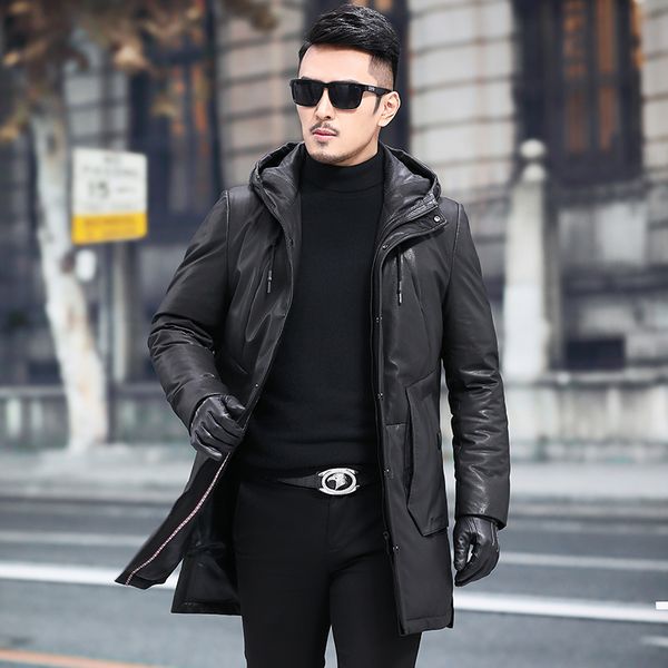

leather jacket sheepskin genuine leather jacket men winter warm duck down coat hooded mens 18077-08 yy698, Black