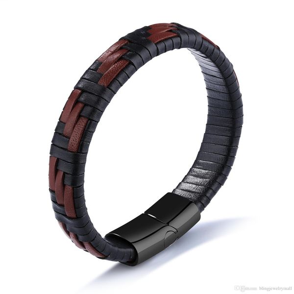 

handmade braided leather bracelets for cool men black & brown mixed color magnet button male wrap friendship jewelry ph1143