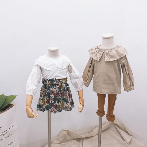 

2019 spring korean style cute girls solid color doll collar long sleeve shirts kids cute falbala all-match casual clothes, White;black