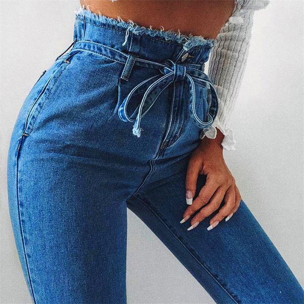 

new fashion women plus size slim denim skinny jeans pants belt trousers high waist trimmings skinny jeans pants belt trousers#4, Blue