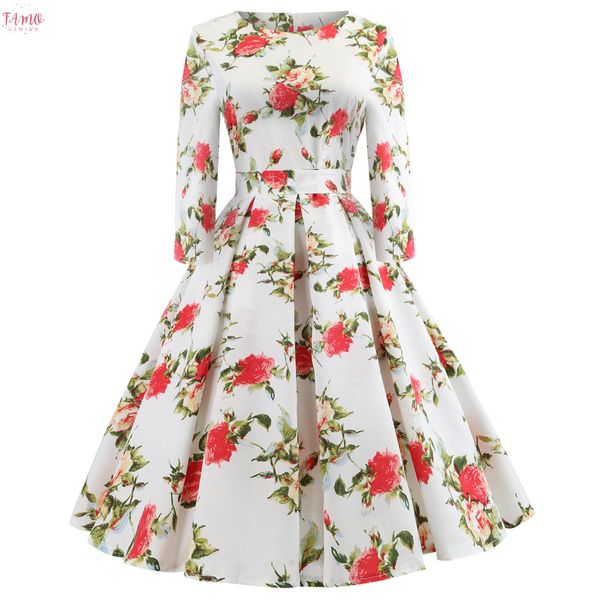 

robe vintage pin up dress осень женщины 2020 o образным вырезом цветочный принт длиной до колен рокабилли вечерние платья качели рождество v, Black;gray