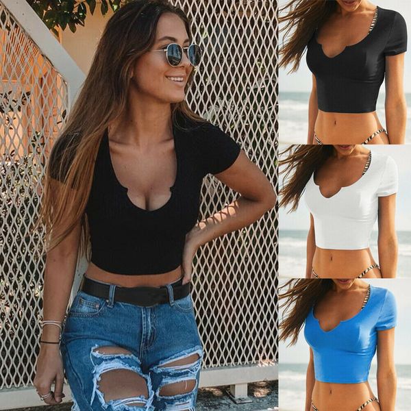 

brand new women deep v cut neck solid blue knitted wrap crop ladies female slim basic fit short sleeve short t shirt, White