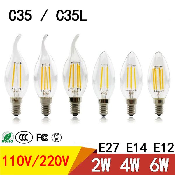 

затемнение led волокно свеча лампочка e27 e14 e12 2w 4w 6w светодиодные лампы высокая яркость прозрачное стекло c35 c35l светодиодные фонари