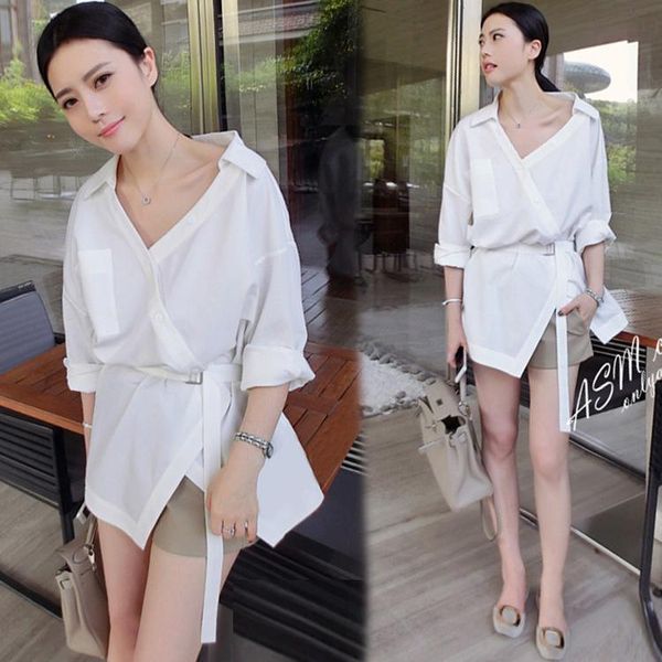 

new 2019 spring autumn women shirt casual fashion belt asymmetrical ladies chiffon v-neck turn down collar blouse, White