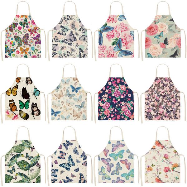 

1pc cotton baking waist bib linen flower butterfly printed kitchen sleeveless aprons women home cooking pinafore 53*65cm wql0147