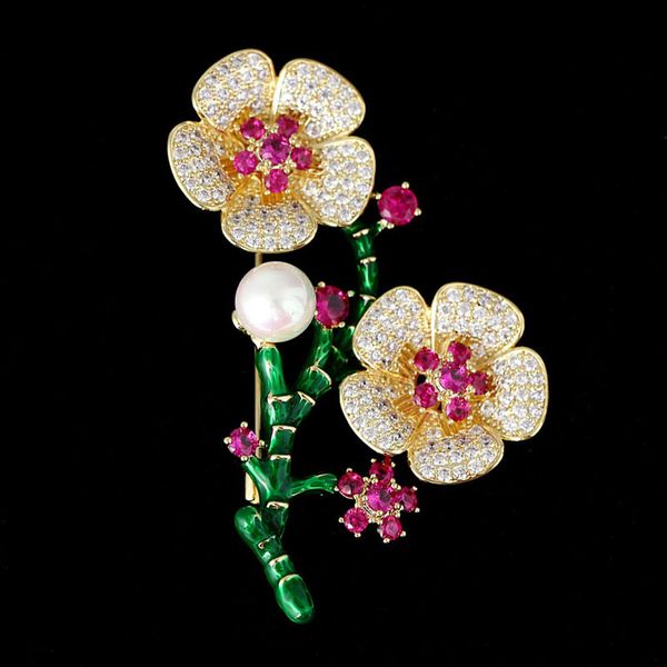 

beautiful enamel flower brooch for women metal flower pins with cubic zirconia and imitation pearl, Gray
