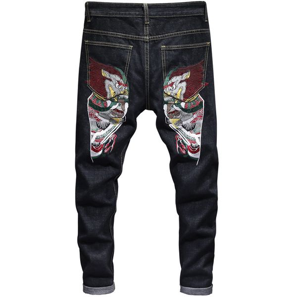 

men's jeans 2021 chinese style head embroidery autumn black stretch plus size casual denim trousers 28-40, Blue