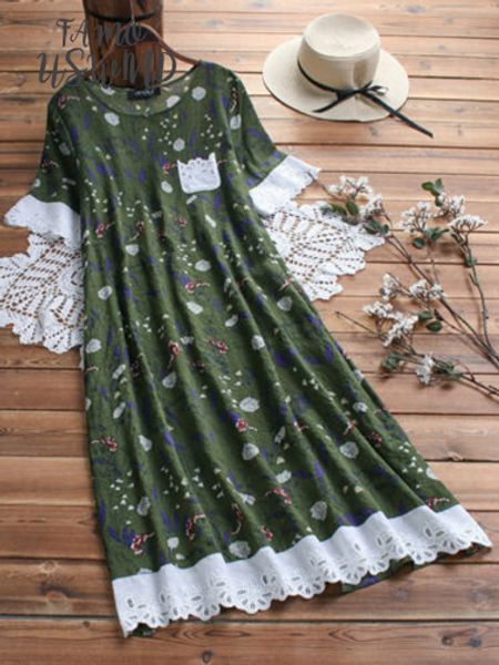 

womens cotton linen floral midi dress 3 4 sleeve casual boho kaftan tunic lace gypsy ethnic drop shipping, Black;gray